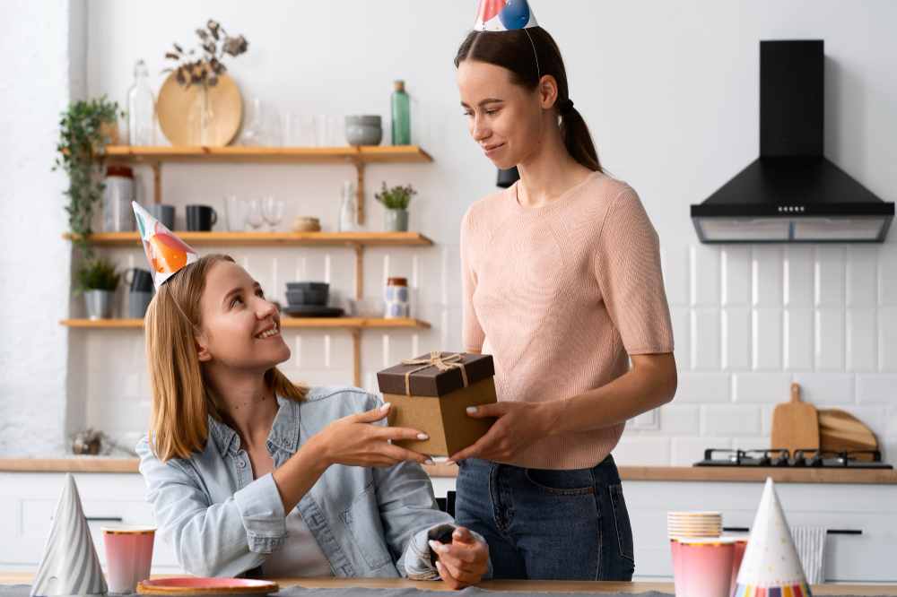 Two friends exchanging a thoughtful gift